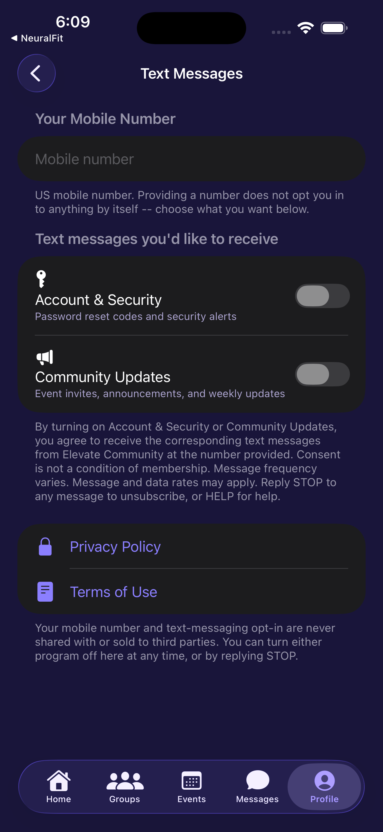 Elevate app Text Messages settings screen before opt-in: mobile number field and both program toggles off, with full consent disclosure text