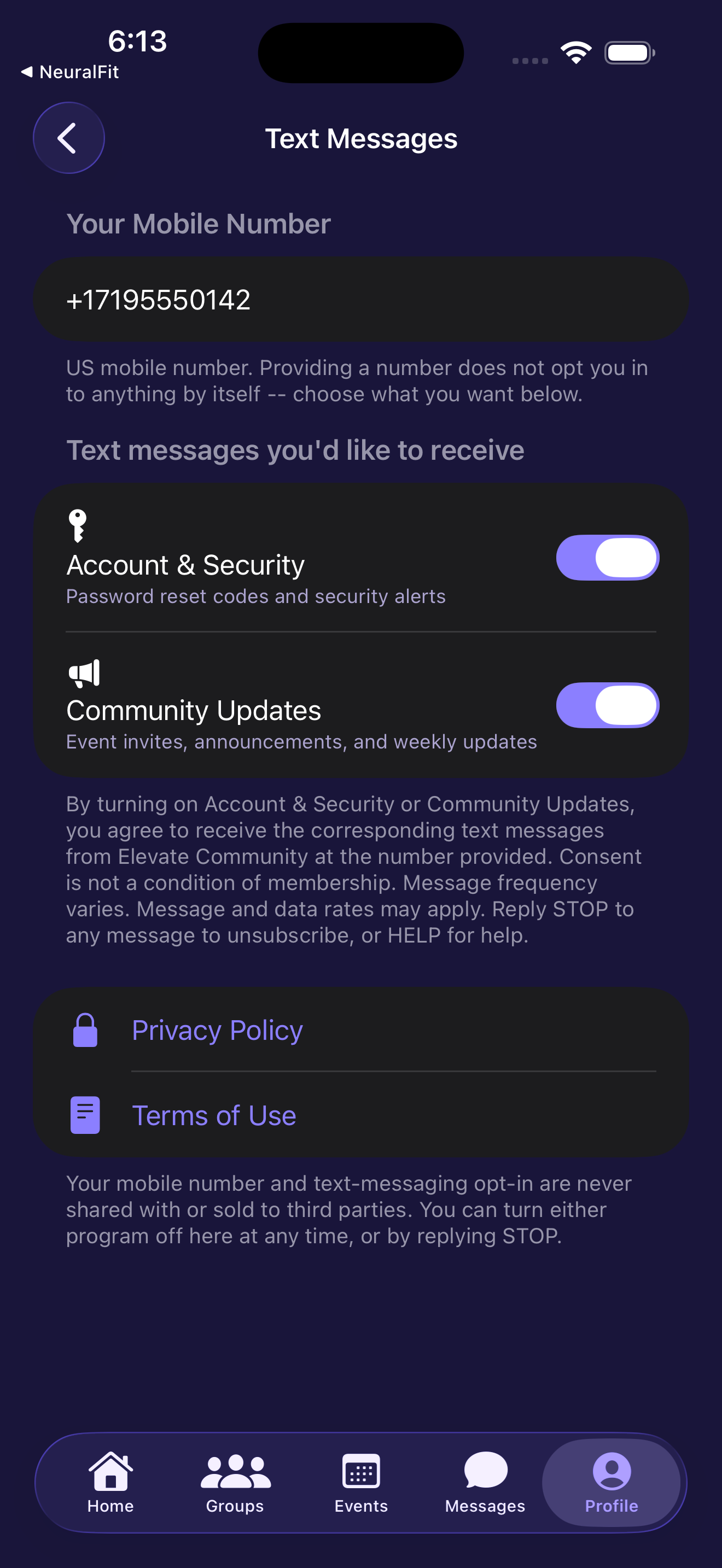 Elevate app Text Messages settings screen after opt-in: mobile number entered and both program toggles enabled, consent disclosure and STOP/HELP language visible